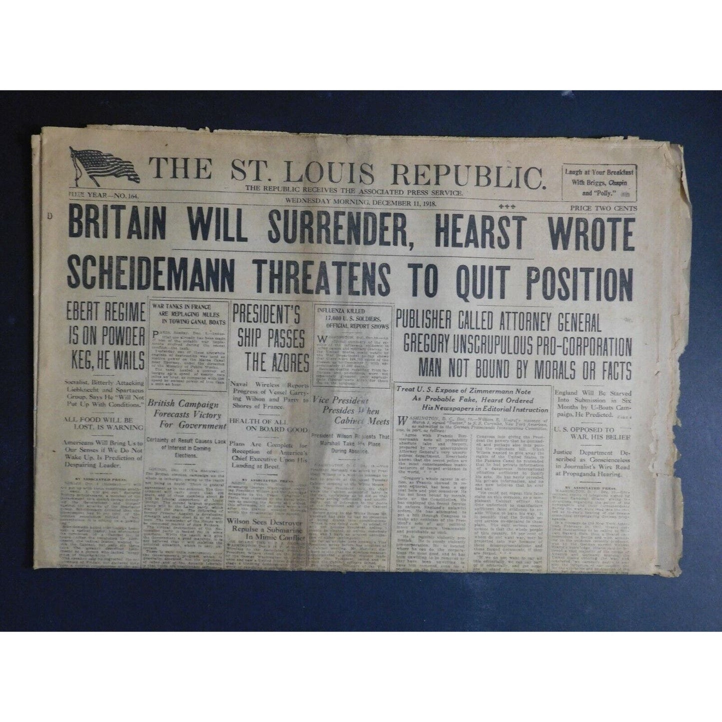 WWI Era Newspaper - The St. Louis Republic - Dec 11 1918 - 12 pgs.