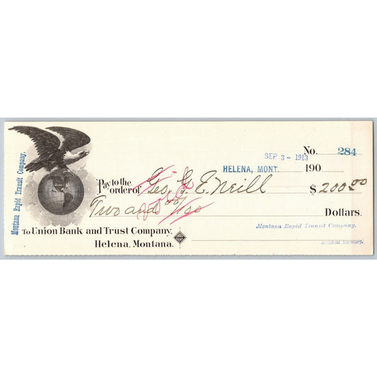 Helena Montana Rapid Transit Co. Union Bank Check 1913 Globe Eagle Vignette
