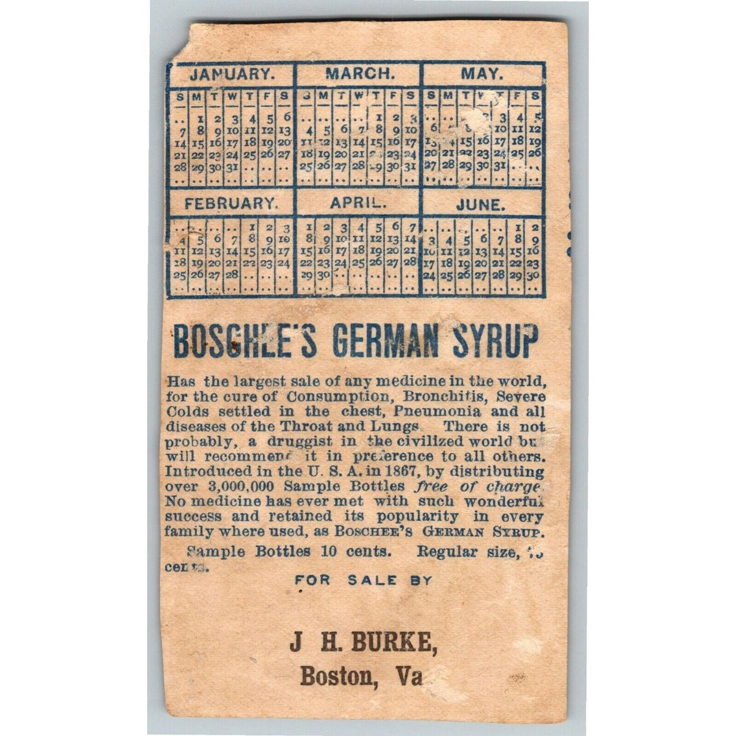 Boschee's German Syrup J. H. Burke, Boston, VA Girl Swing Victorian Trade Card