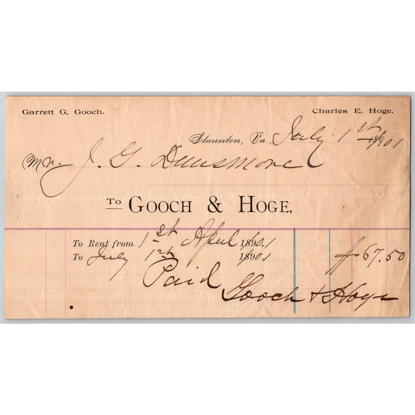 1901 Scarce Garrett G. Gooch Civil War Solider Letterhead Billhead Staunton, VA