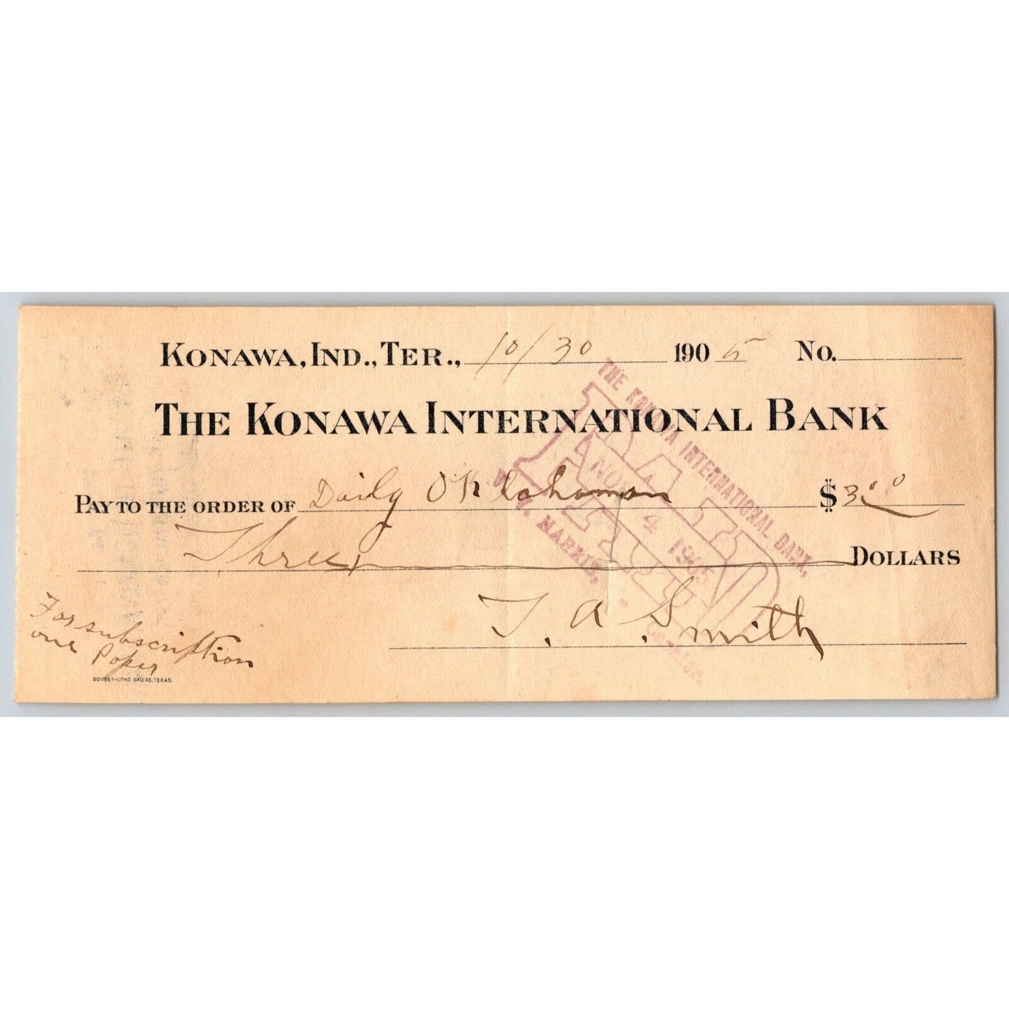 Konawa, Oklahoma 1905 Indian Territory "International Bank" Check - Scarce