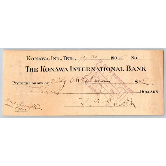 Konawa, Oklahoma 1905 Indian Territory "International Bank" Check - Scarce
