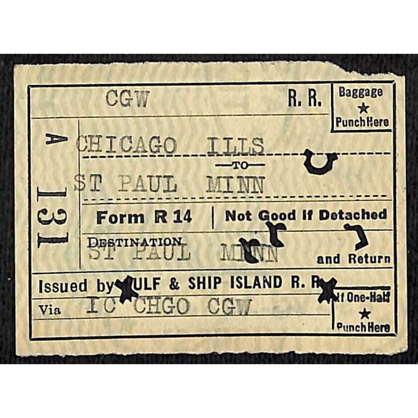 Gulf & Ship Island Railroad 1925 Summer Excursion Ticket Chicago St. Paul #131