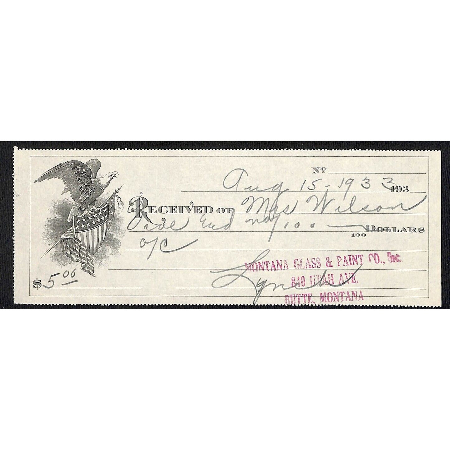 Montana Glass & Paint Butte Montana - 1933 Billhead Letterhead Wilson Drug