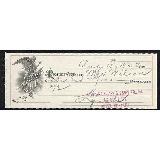 Montana Glass & Paint Butte Montana - 1933 Billhead Letterhead Wilson Drug