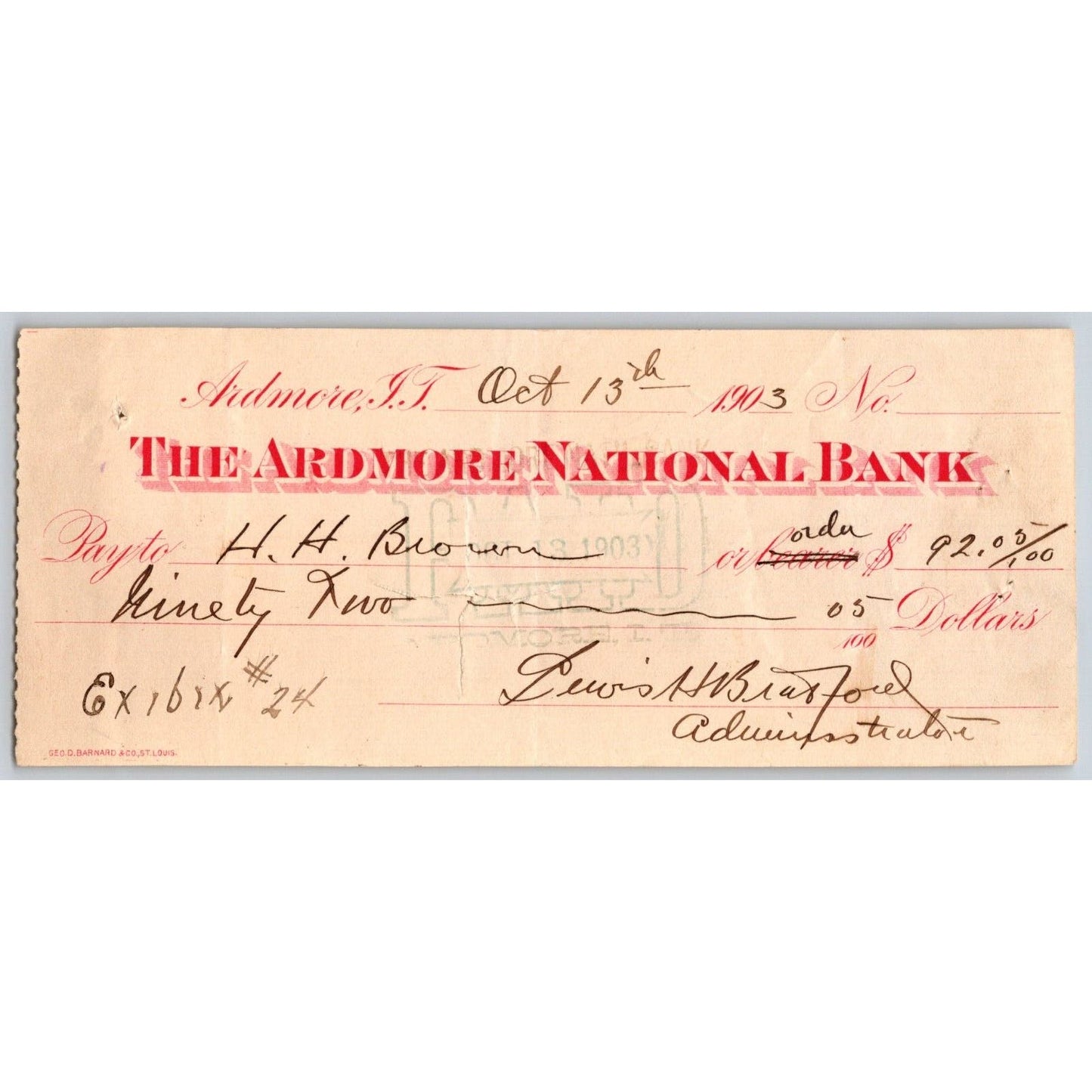 Ardmore, OK 1903 Indian Territory "Ardmore National Bank" Check $92.05 - Scarce