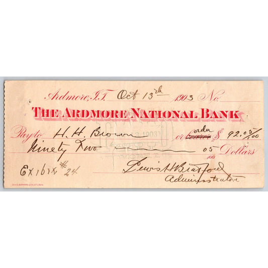 Ardmore, OK 1903 Indian Territory "Ardmore National Bank" Check $92.05 - Scarce