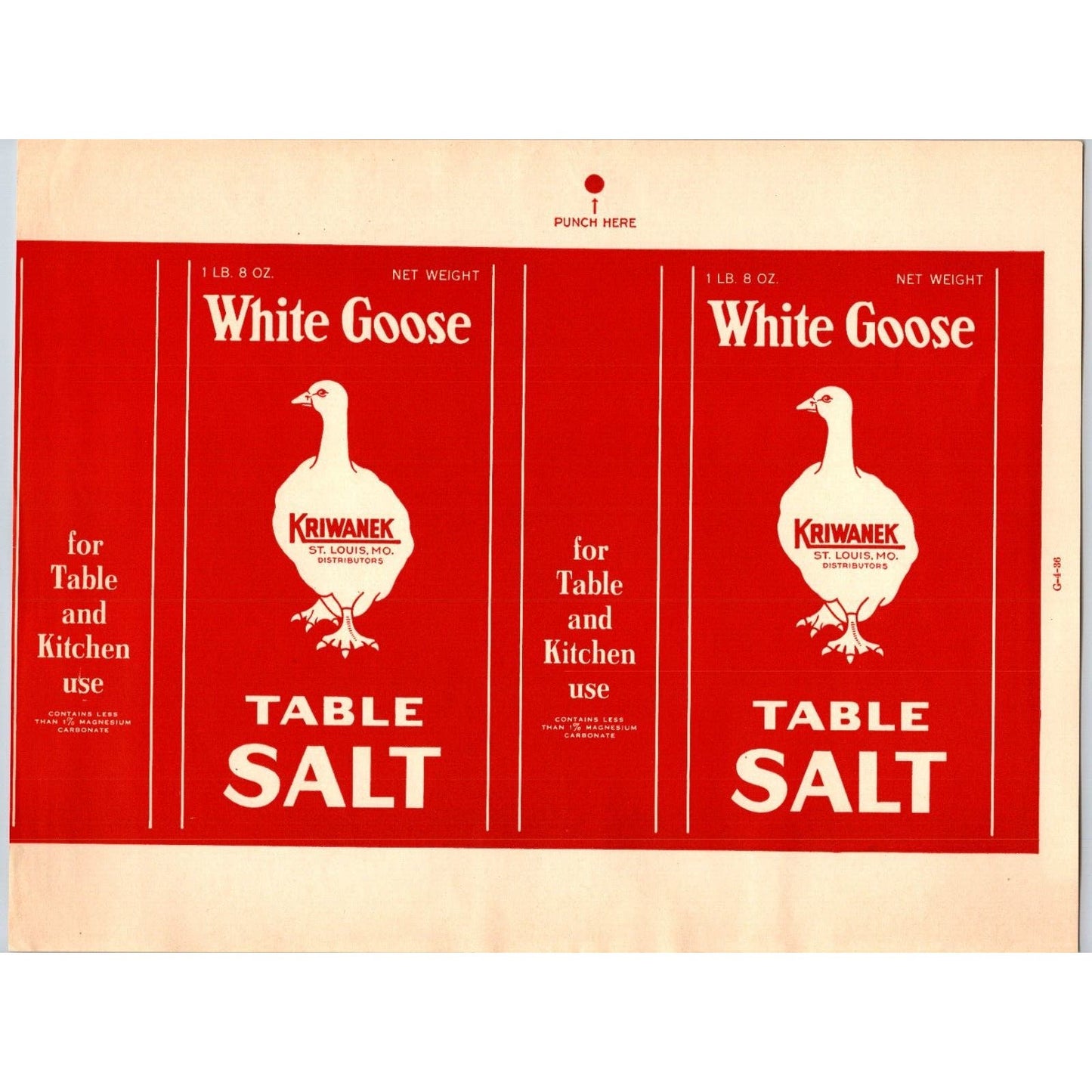 White Goose Table Salt Paper Label Kriwanek St. Louis, MO 1936 - Scarce