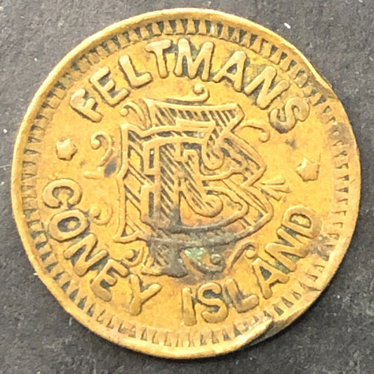 Feltmans Coney Island Brooklyn 5 Trade Token Brass 17.45mm / Nathan's Hot Dogs*