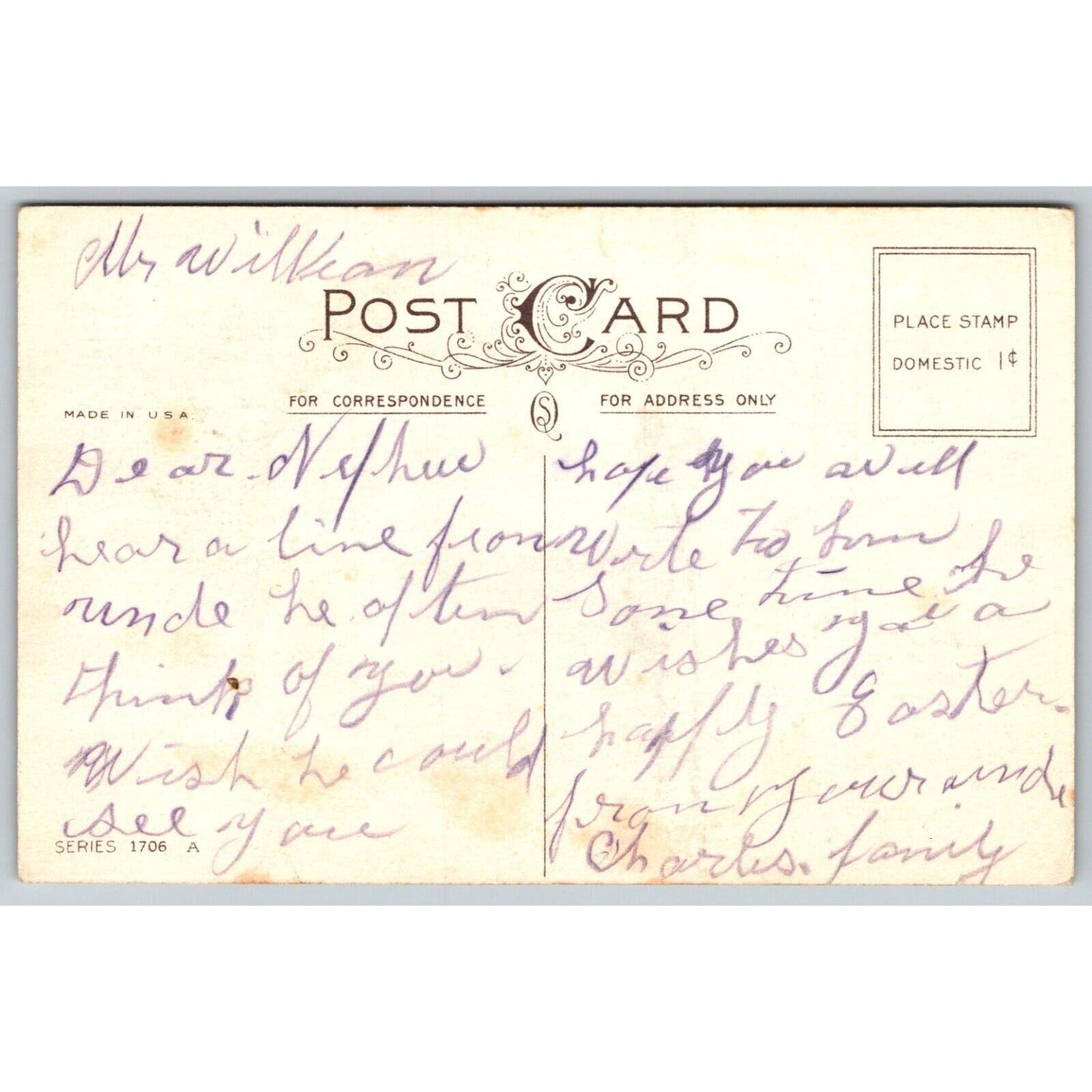 Easter Postcard "Easter Greetings" Cross Lilies Angel c1915-20