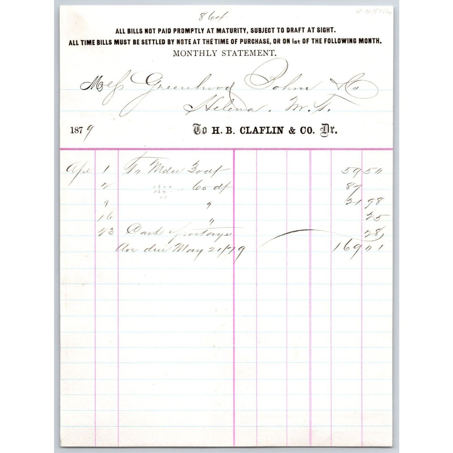 H.B. Claflin & Co. (Hosiery / Clothing) 1879 "Greenhood" Billhead Statement