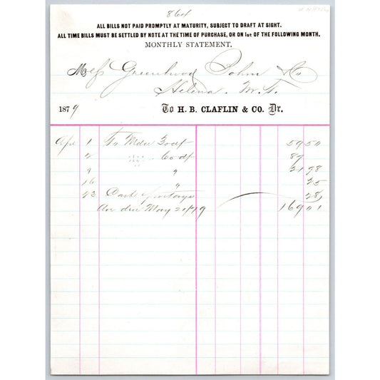 H.B. Claflin & Co. (Hosiery / Clothing) 1879 "Greenhood" Billhead Statement