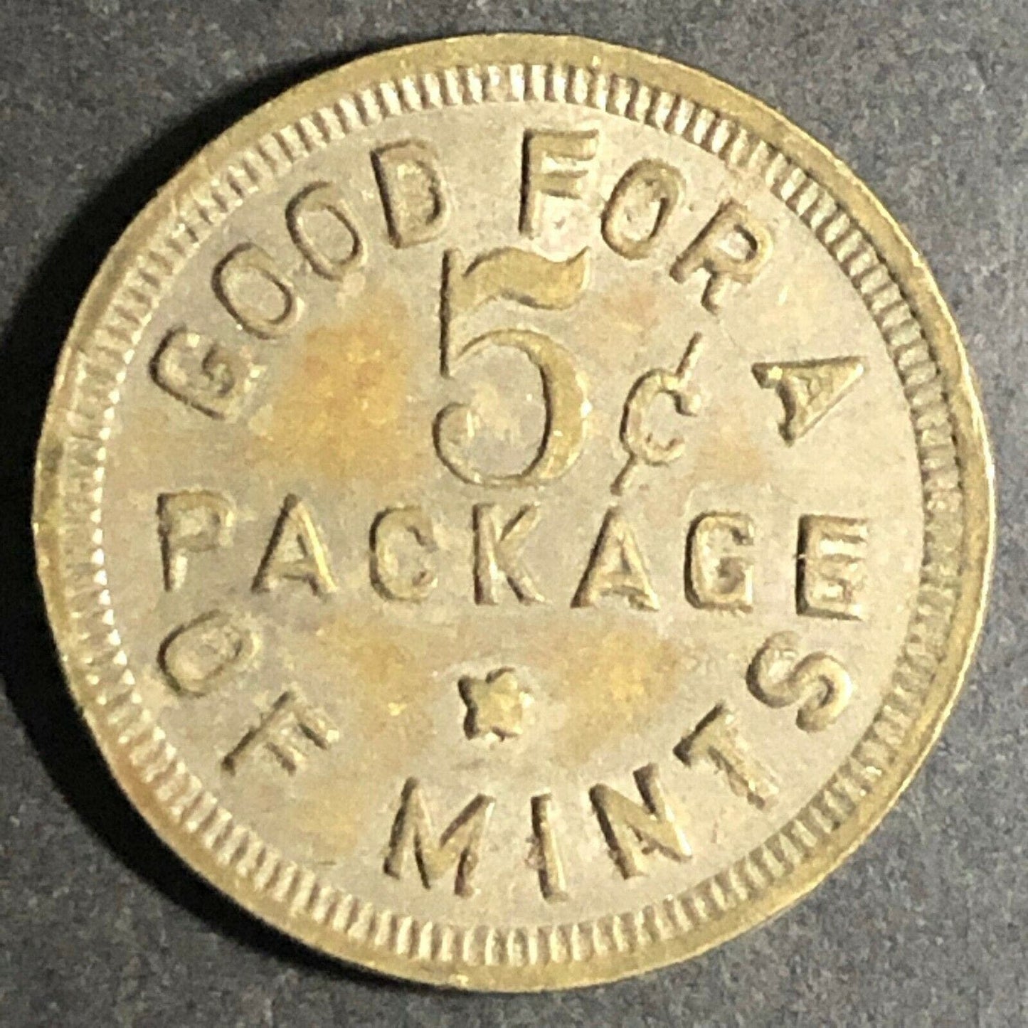 Vintage 21mm Brass "All Quality Mints - G/F 5c Package of Mints" Token