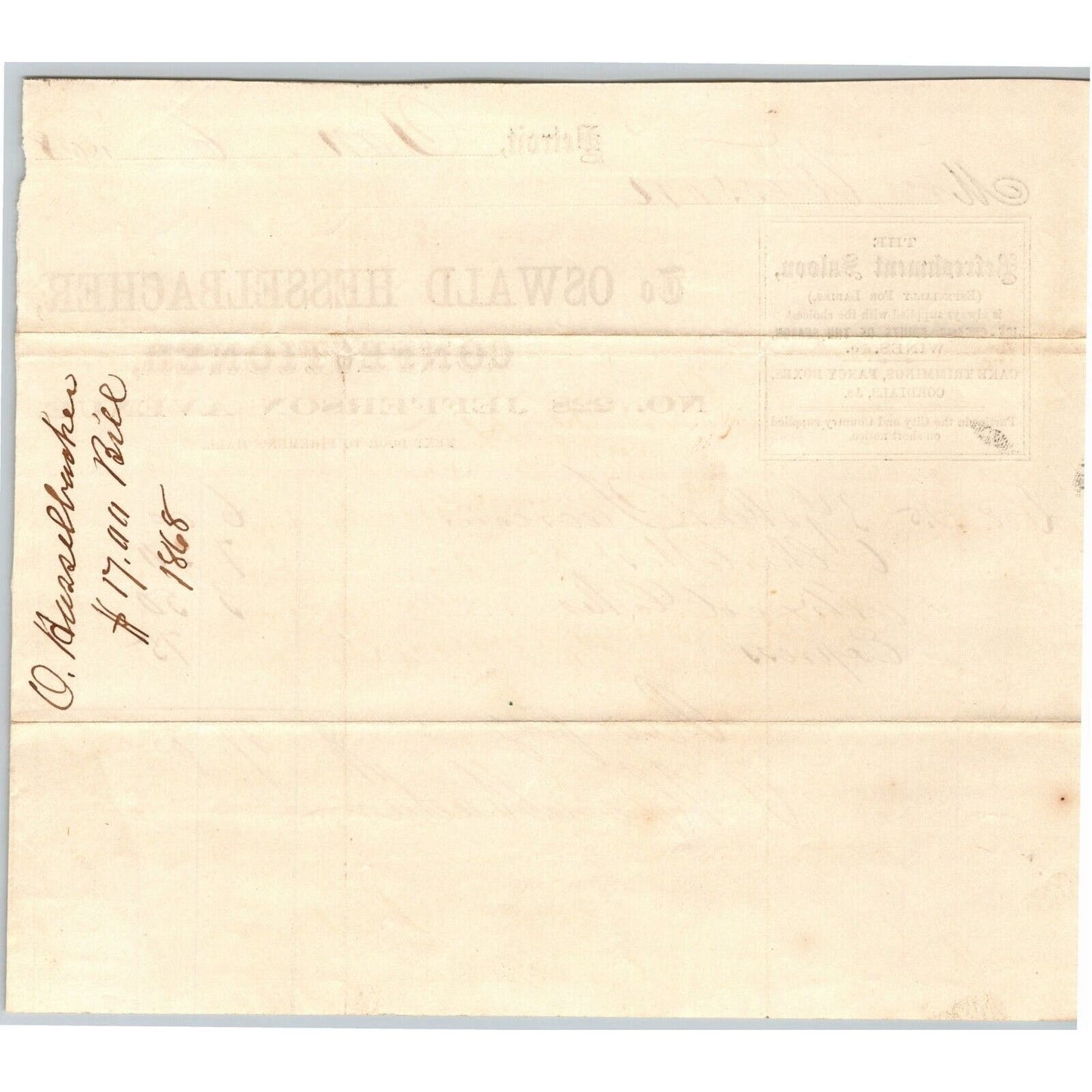 Detroit Letterhead Oswald Hesselbacher Confectioner Refreshment Saloon 1868