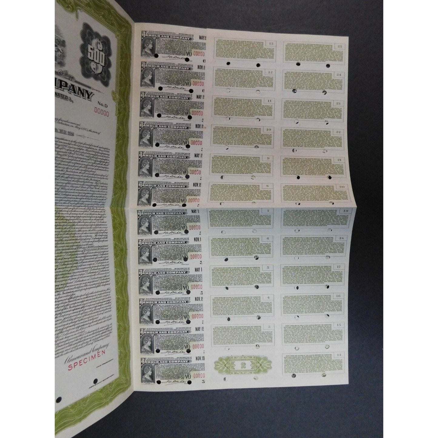 Vintage 1945-1975 30 Year Sinking Fund Certificate Armour Company SPECIMEN