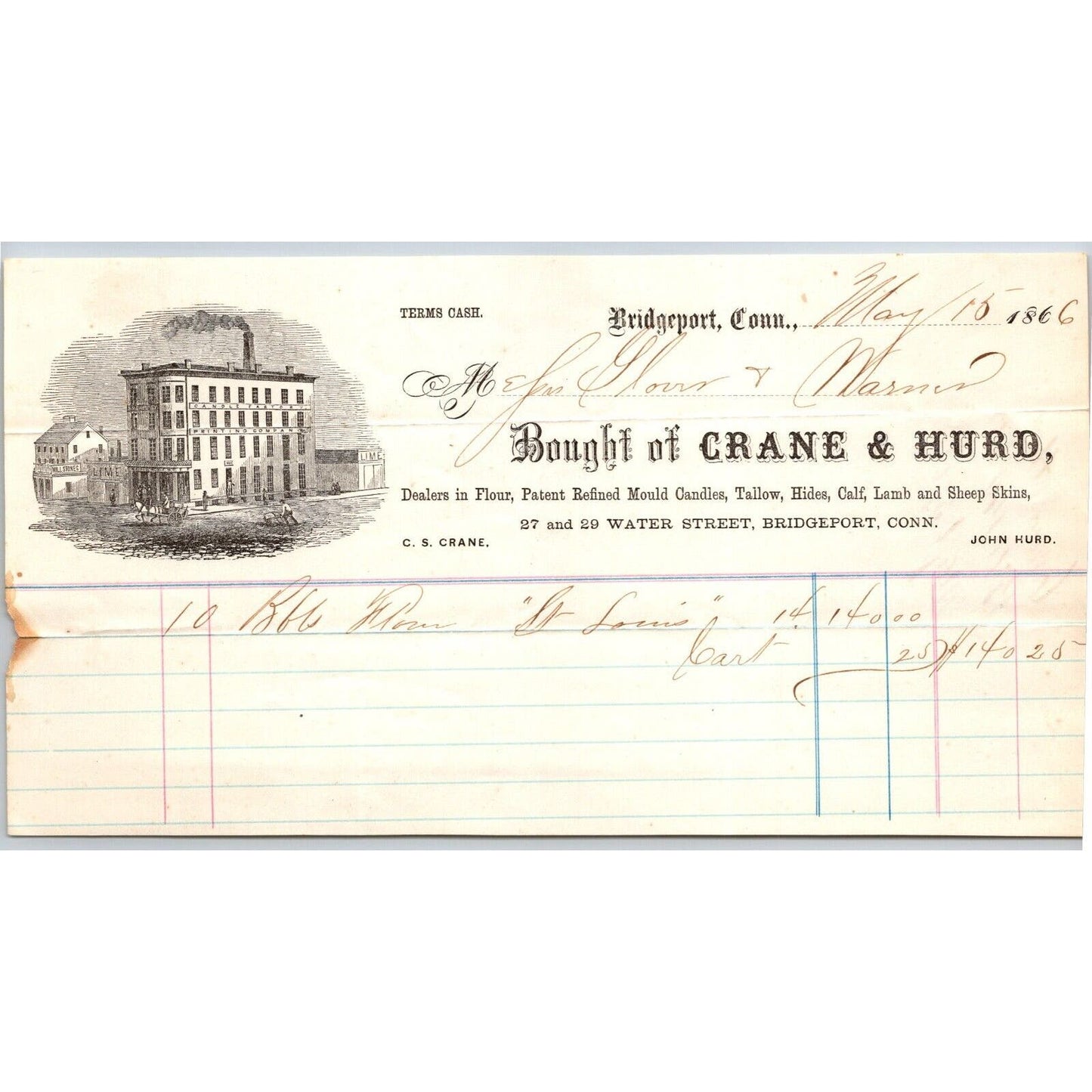 Bridgeport, CONN Crane & Hurd 1866 Billhead Candles Flour Tallow Hides Skins