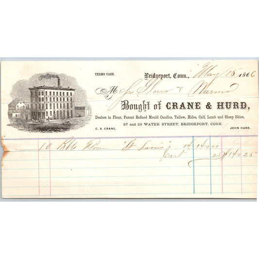 Bridgeport, CONN Crane & Hurd 1866 Billhead Candles Flour Tallow Hides Skins