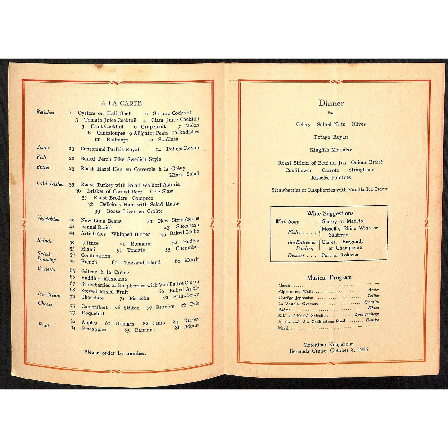 1936 Swedish American Kungsholm Bermuda Cruise Line Dinner Menu Oct 8 VGC