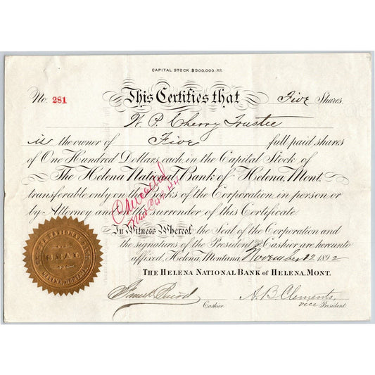 Helena National Bank, Montana 1892 Stock Certificate Cert# 281 for 5 Shares