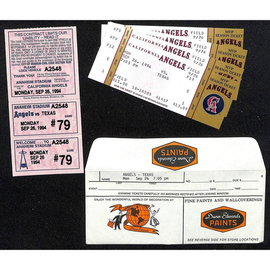 California Angels Tickets - 4 Unused 9/26/94 Strike - Game Not Played