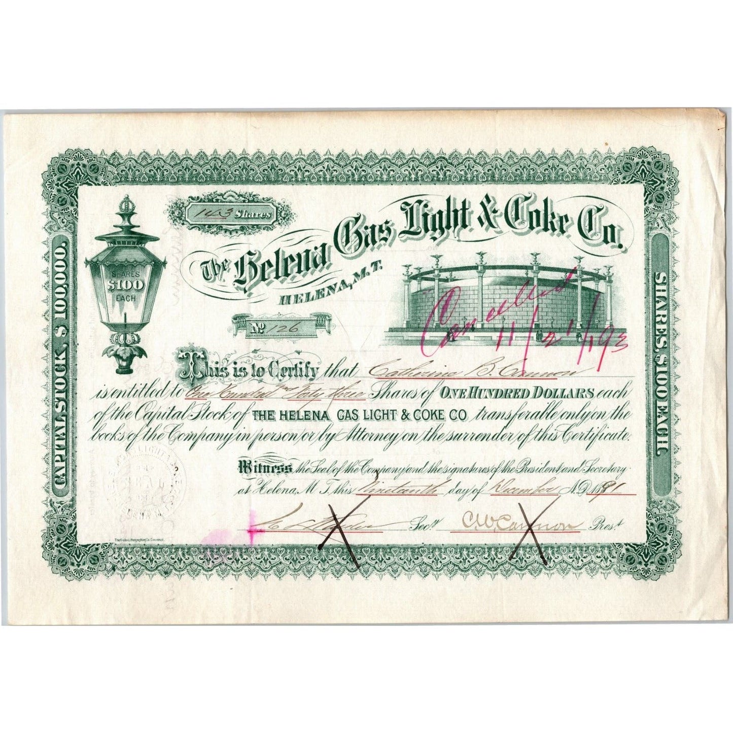 Helena Gas Light & Coke Co. Montana 1891 Stock Certificate 143 Shares Cert #126