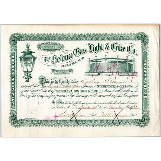 Helena Gas Light & Coke Co. Montana 1891 Stock Certificate 143 Shares Cert #126