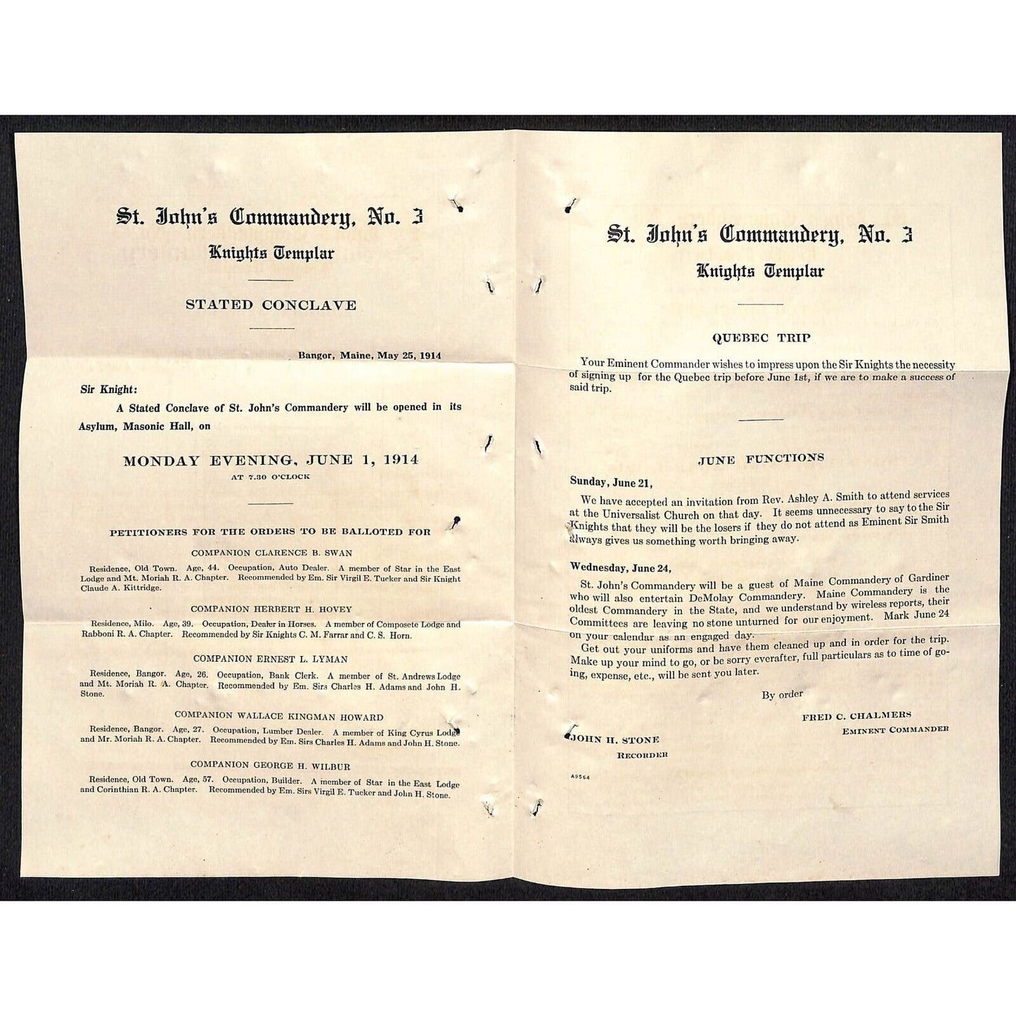 Newburgh, ME Amos W. Knowlton* 1914 Bangor Knight's Templar St. John's Conclave