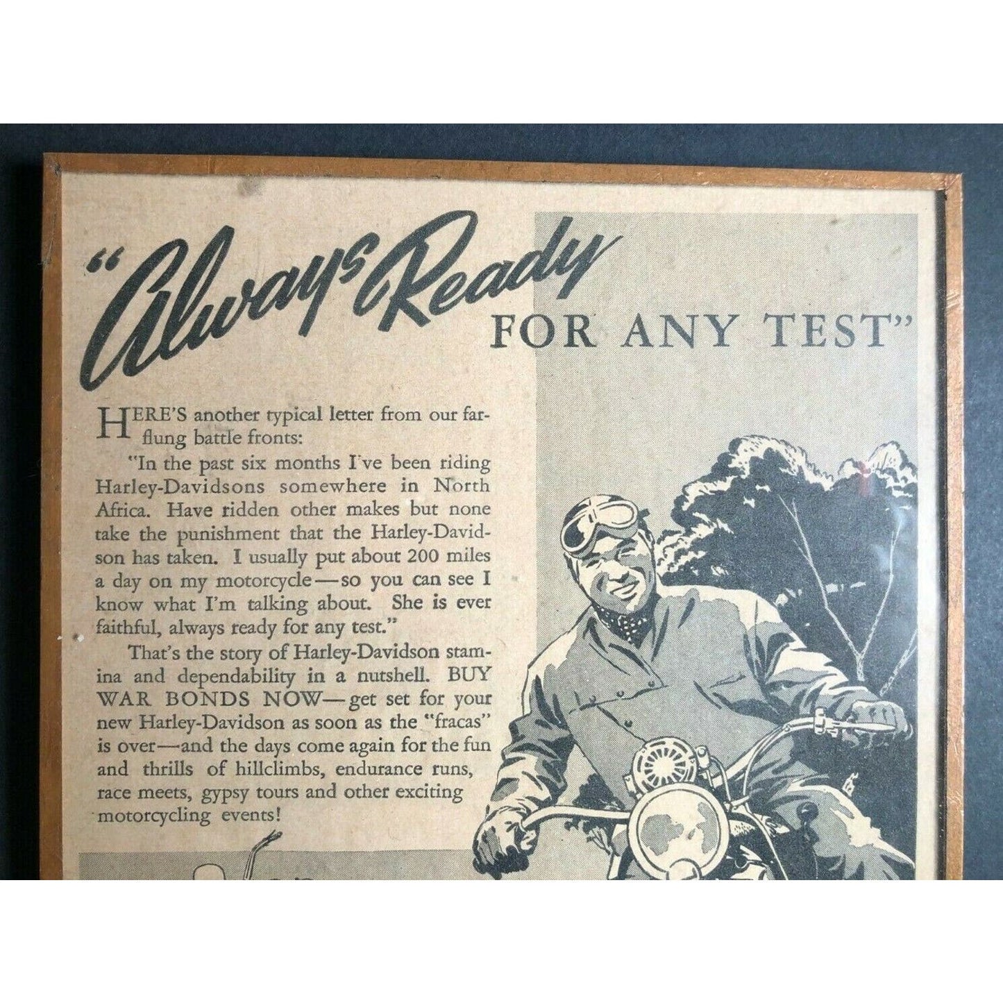 1944 Copper Foil Framed Harley Davidson Magazine Advertising 6" x 8 3/4"