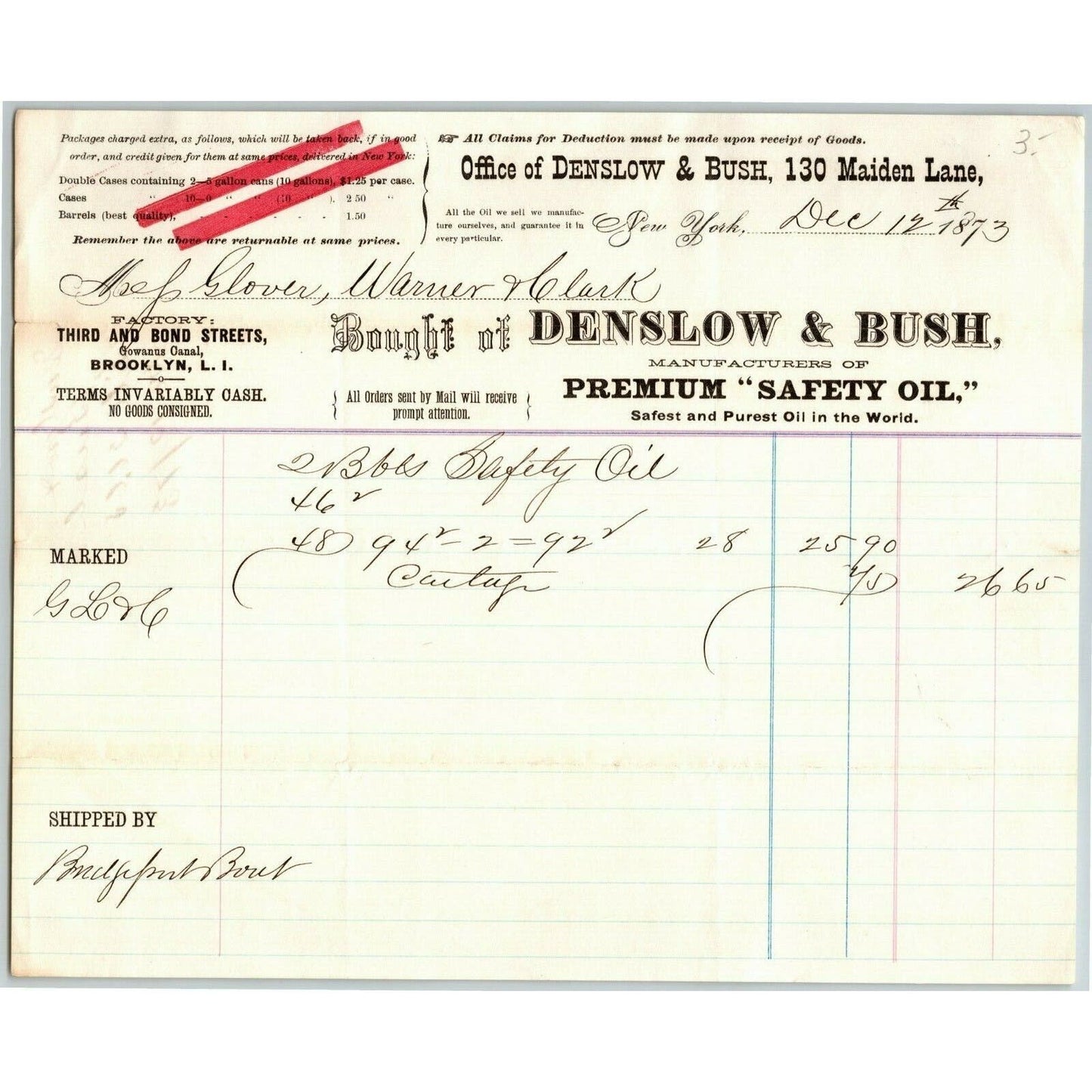 Denslow & Bush NY, NY to Glover, Warner & Clarke Sandy Hook Letterhead 1873