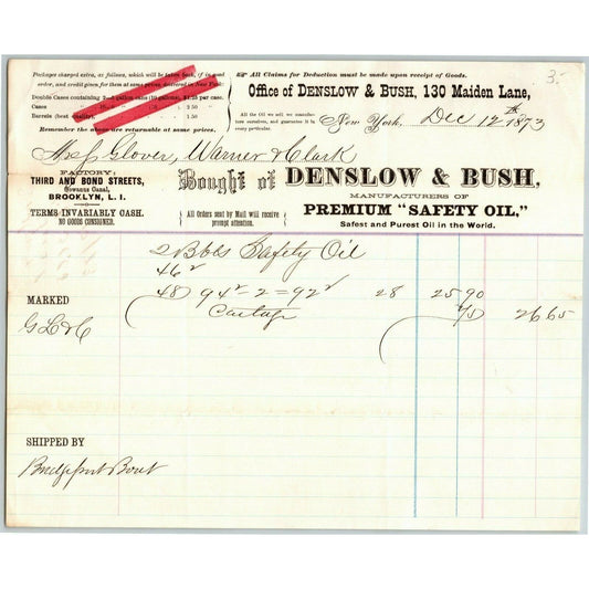 Denslow & Bush NY, NY to Glover, Warner & Clarke Sandy Hook Letterhead 1873