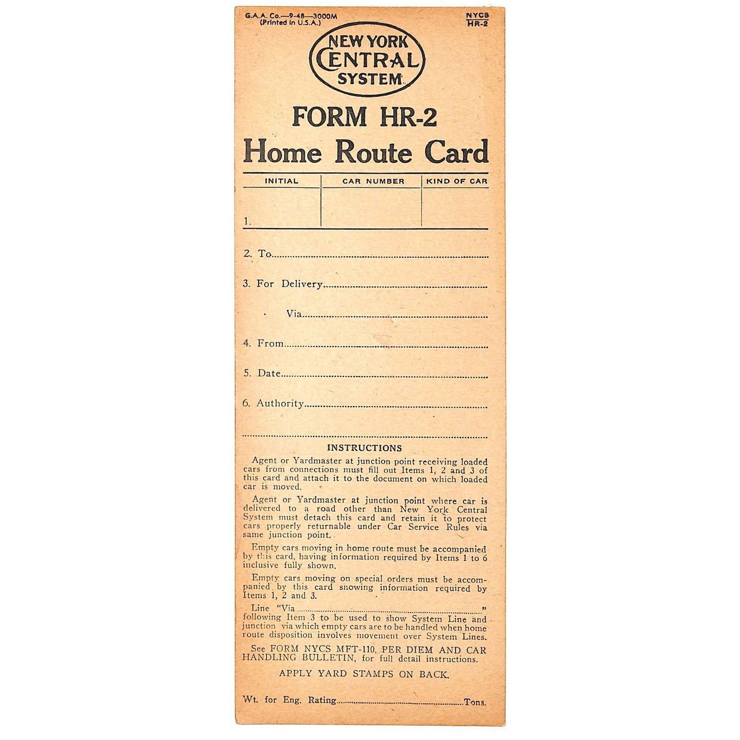 New York Central Railroad c1948 Unused "Home Route Card" Scarce