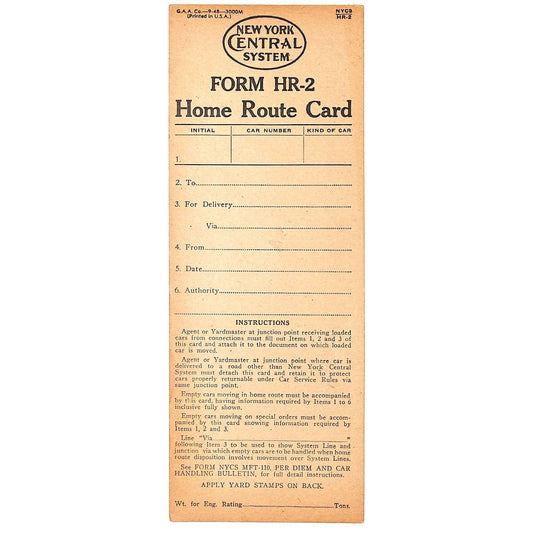 New York Central Railroad c1948 Unused "Home Route Card" Scarce