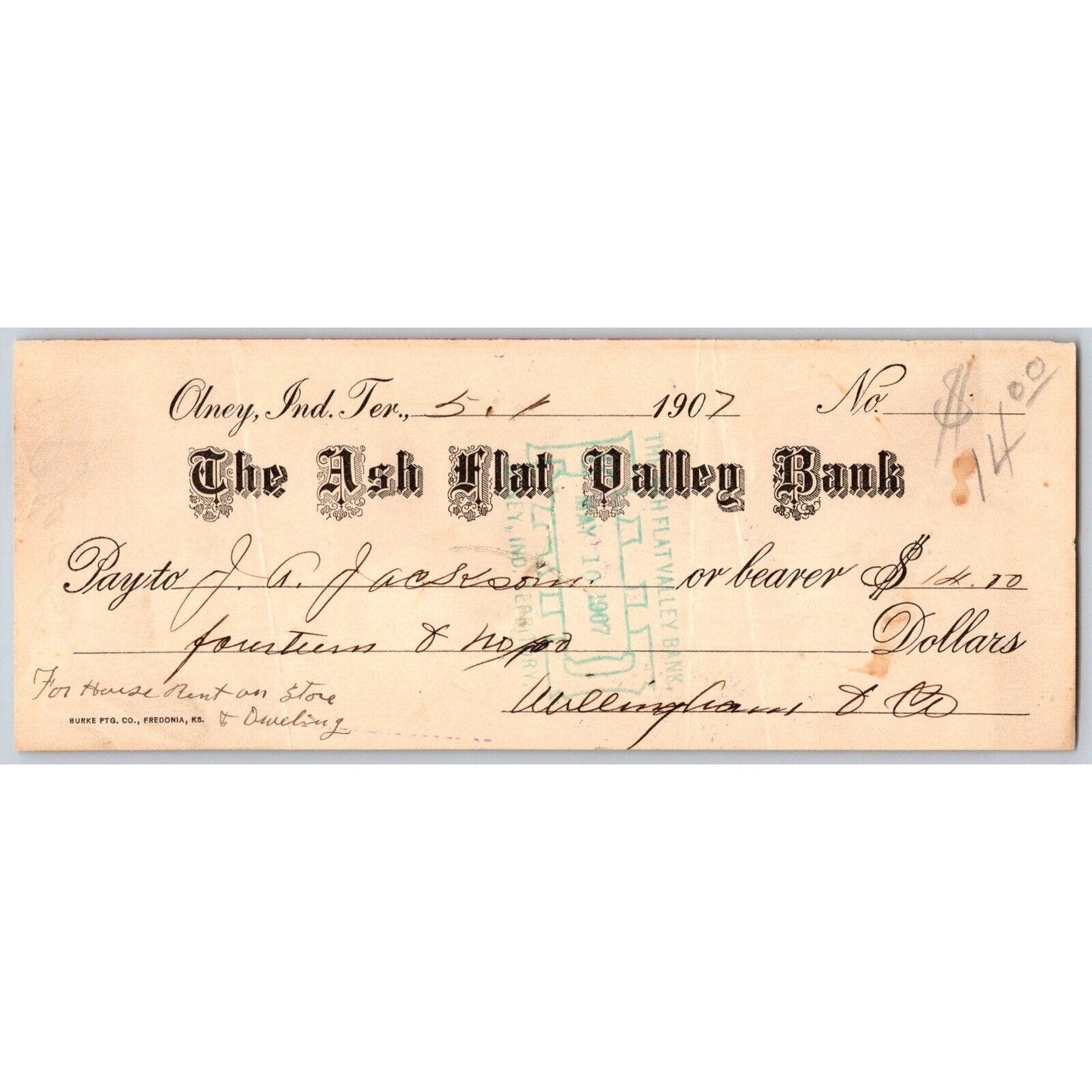 Olney, Okla. Indian Territory 1907 $14 Ash Flat Valley Bank Check - Ghost Town