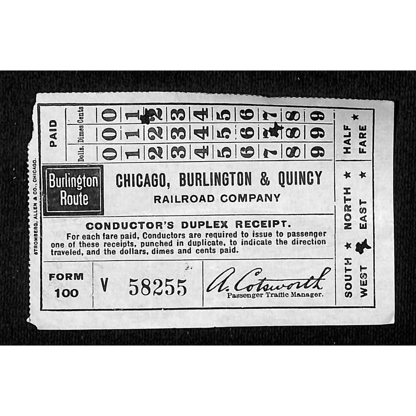 Chicago, Burlington & Quincy Railroad Conductor's Duplex Receipt #58255