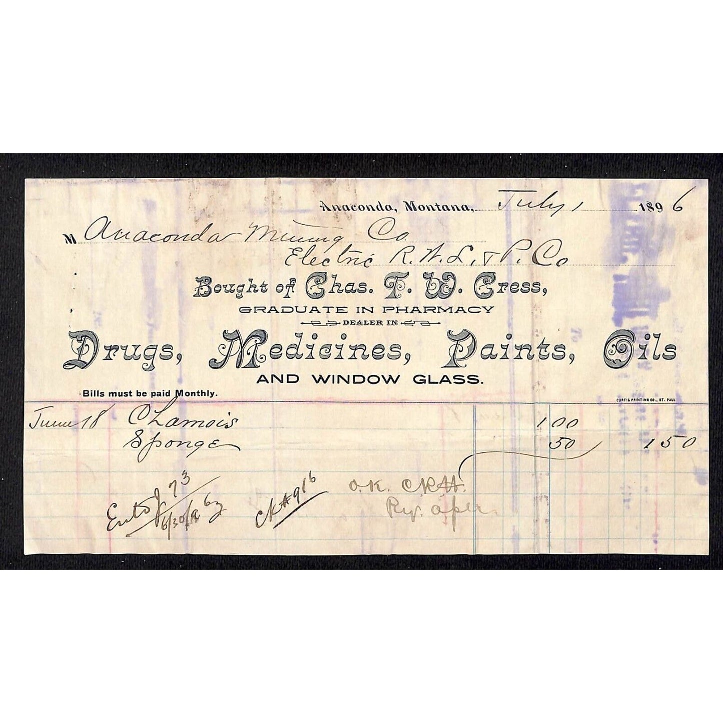 Anaconda, MT Chas. T.W. Cress Pharmacy Drugs and Window Glass 1896 Billhead