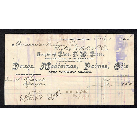 Anaconda, MT Chas. T.W. Cress Pharmacy Drugs and Window Glass 1896 Billhead