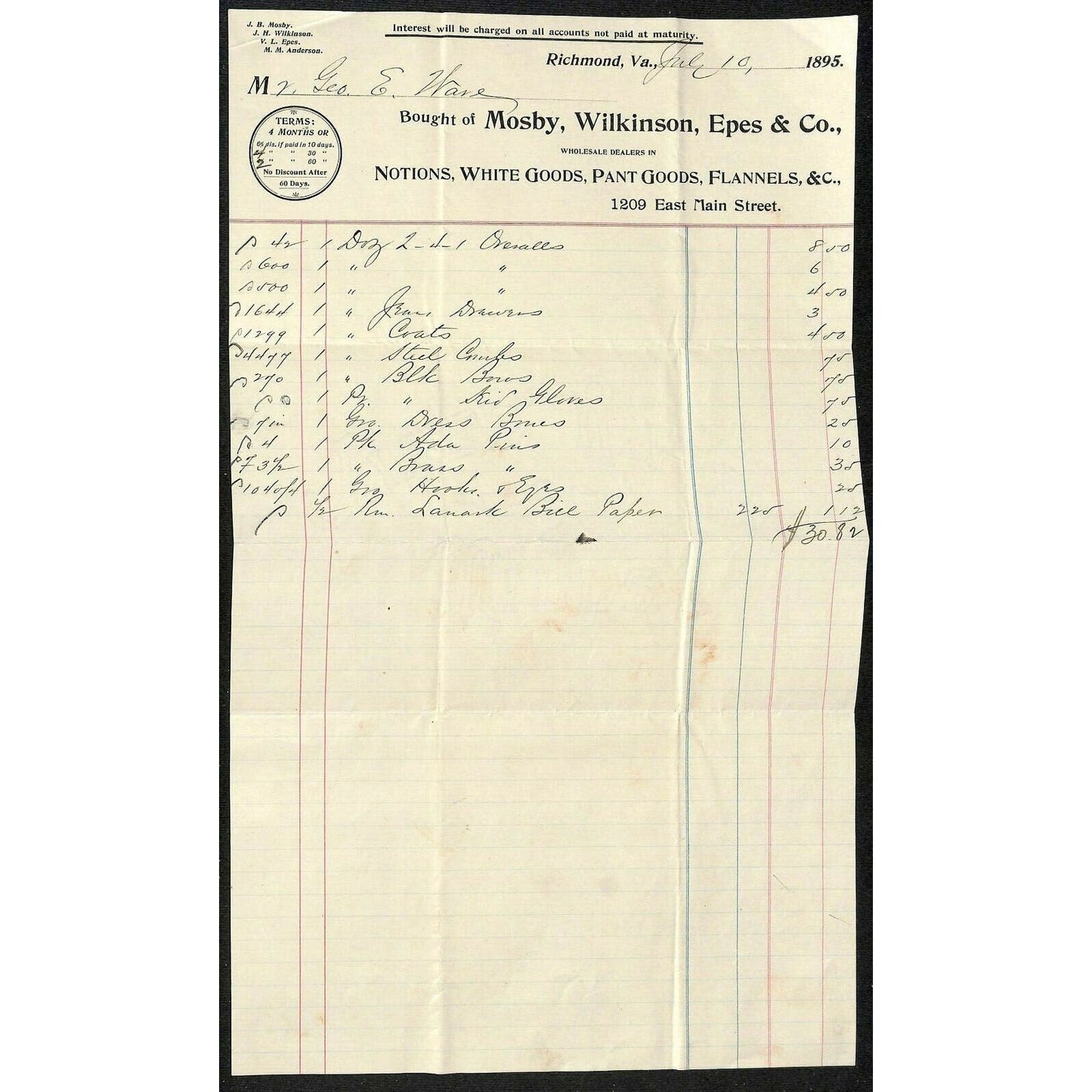 Mosby, Wilkinson , Eps Co. Letterhead & Cover Richmond, VA to Geo. E. Wear 1895
