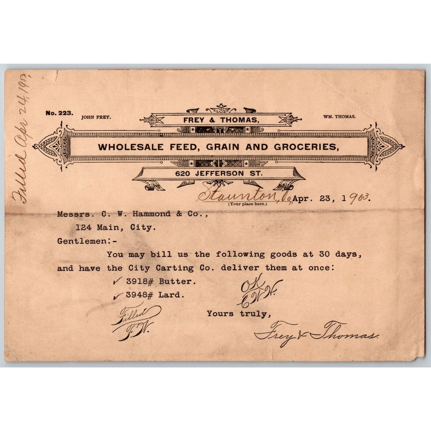 1903 Scarce Frey & Thomas Feed Grain Groceries Staunton, VA Letterhead Billhead