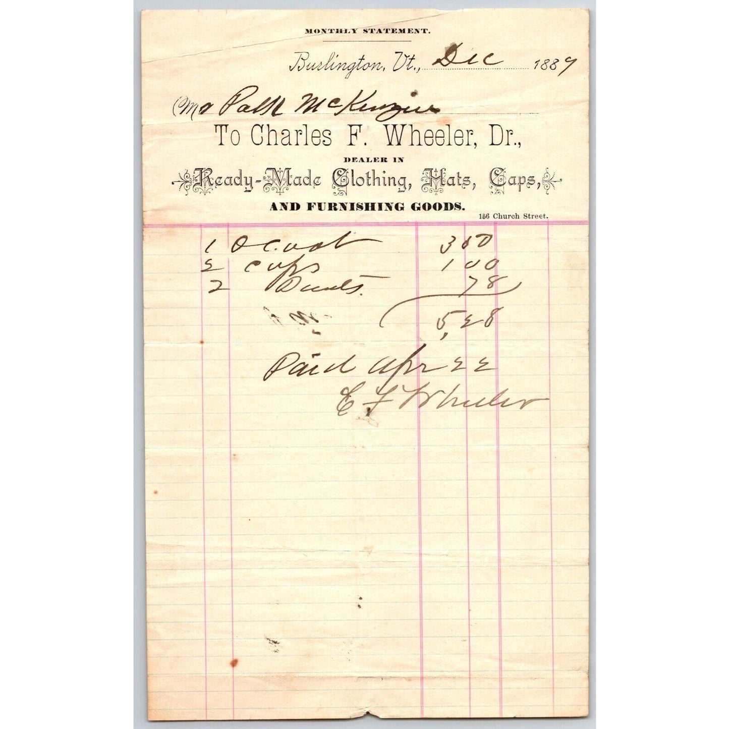 Burlington, VT 1889 Charles F. Wheeler "Ready Made Clothing" Letterhead Scarce