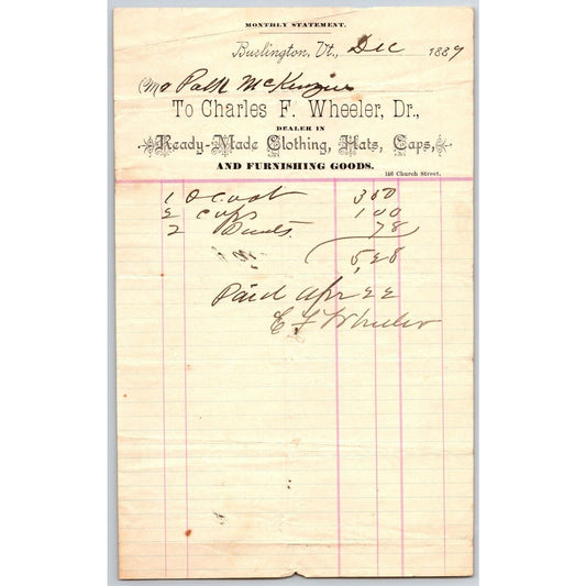 Burlington, VT 1889 Charles F. Wheeler "Ready Made Clothing" Letterhead Scarce