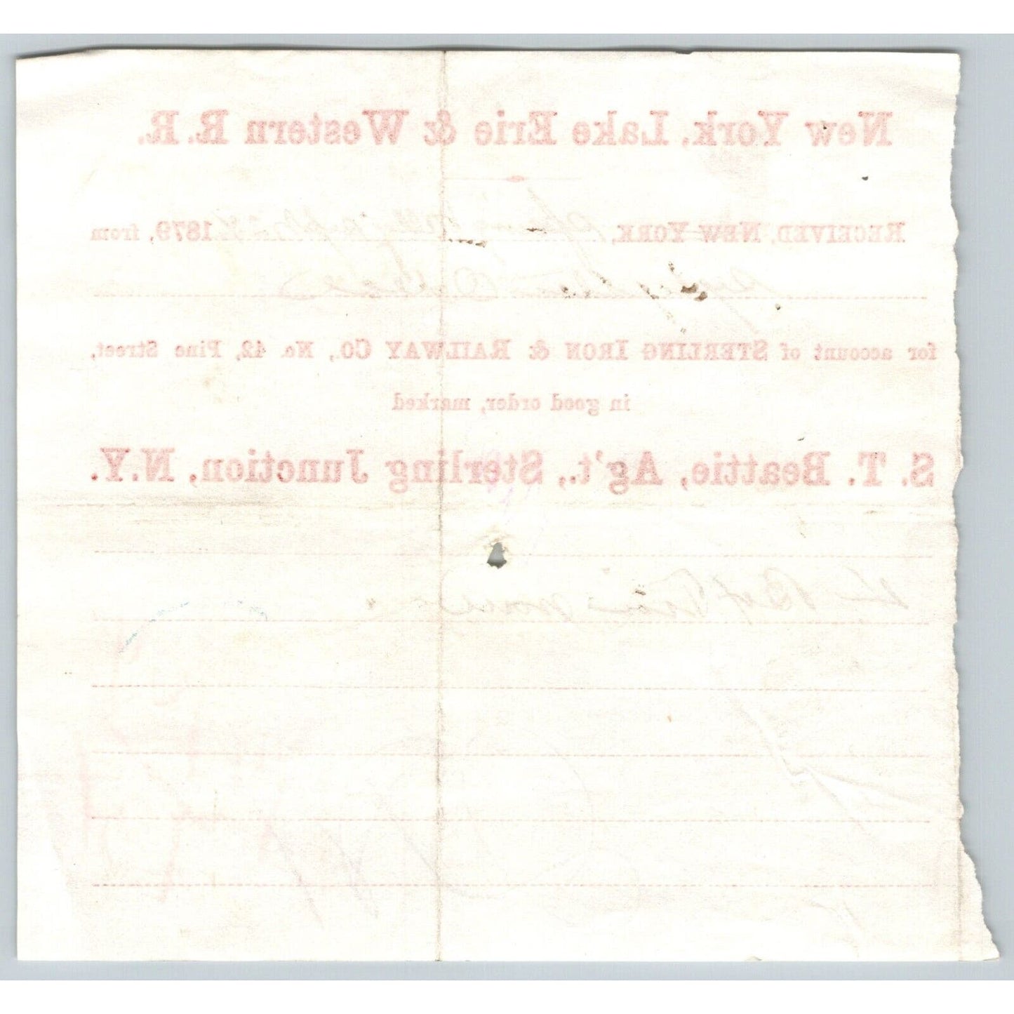 New York, Lake Erie & Western R.R. 1879 Railroad Freight Billhead