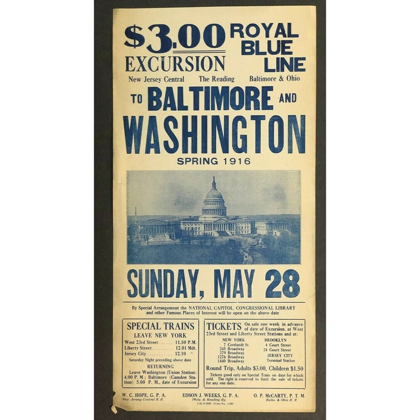 Vintage 1916 Royal Blue Line Excursion Baltimore to Washington Broadside May 28