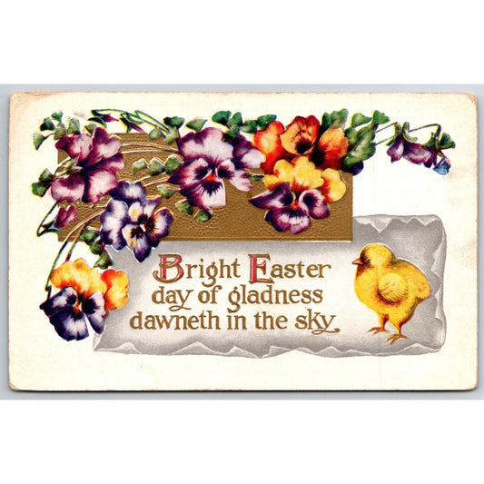 Easter Postcard "Bright Easter Day.." Floral Gilt Baby Chick EMB. PM c1909