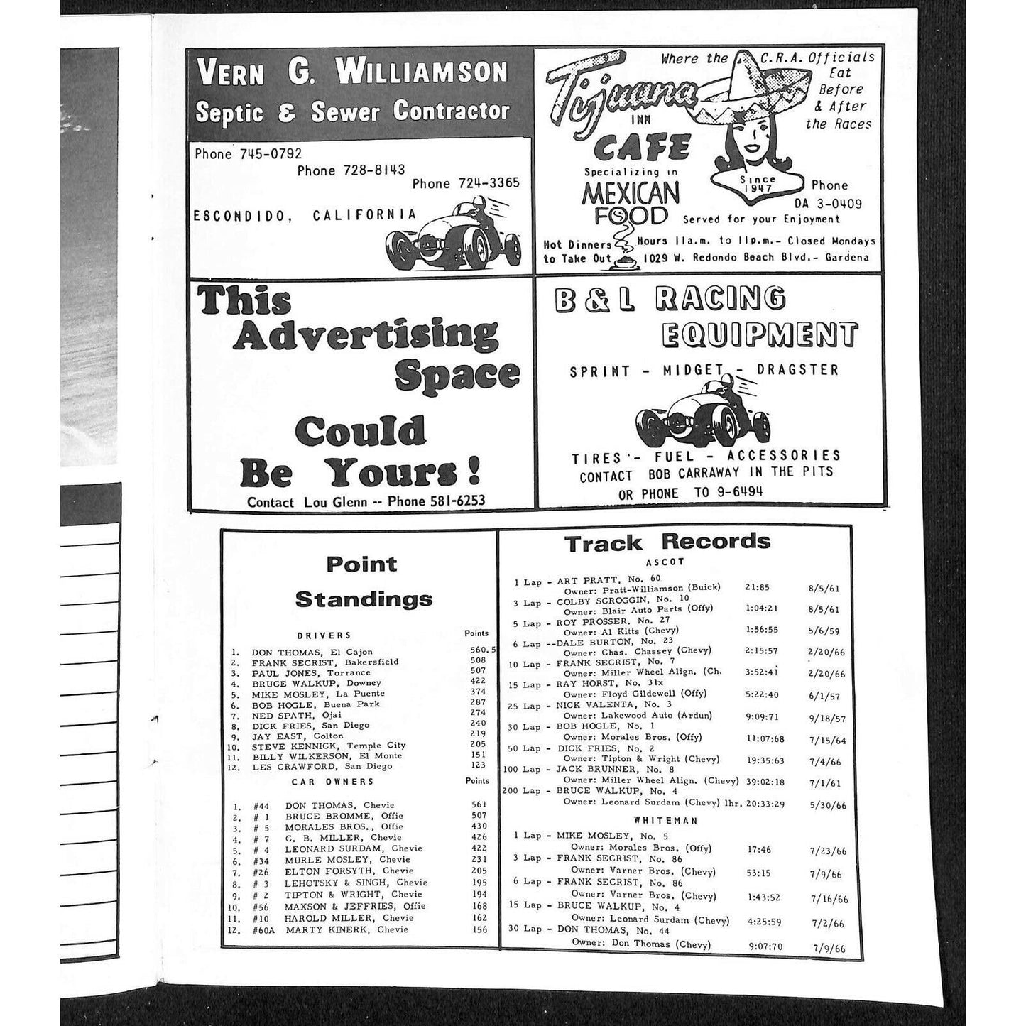 Scarce 7/30 1966 Sprint Car Auto Racing CRA Program Whiteman Speedway 16pp.