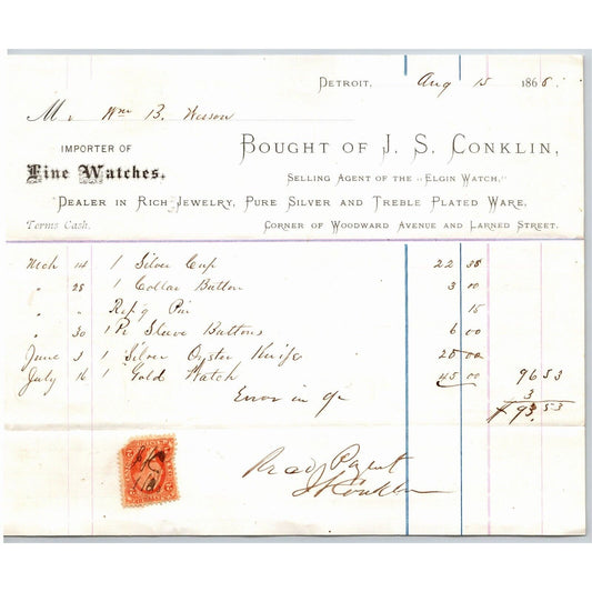 Detroit Letterhead J.S. Conklin Elgin Watch Jewelry Silver Ware 1868 Rev Stamp