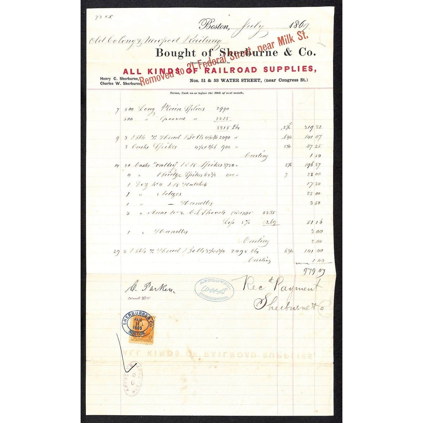 Boston Sherburne & Co. Railroad Supplies Water Street Letterhead w/ Tax Stamp