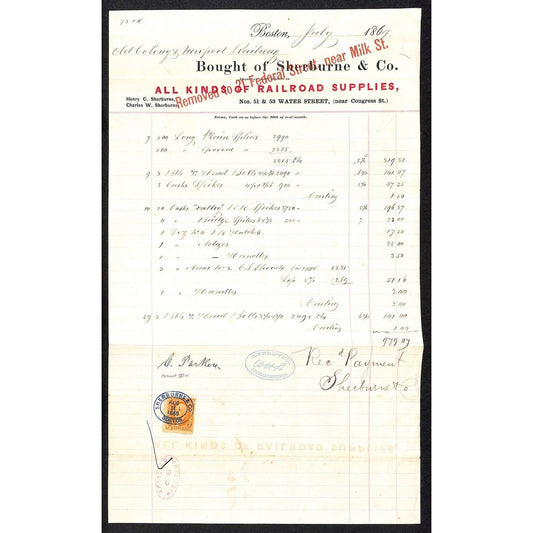 Boston Sherburne & Co. Railroad Supplies Water Street Letterhead w/ Tax Stamp