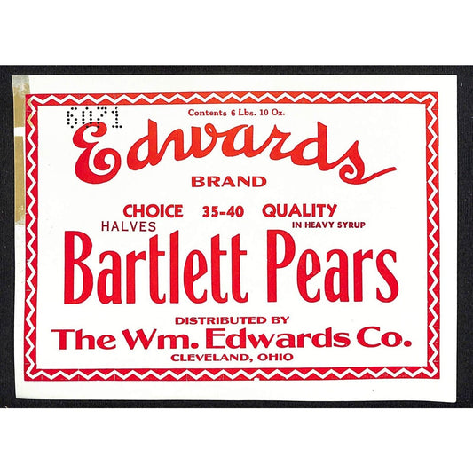 1940 Paper Can Label Edwards Brand Bartlett Pears Halves Heavy Syrup VGC Scarce