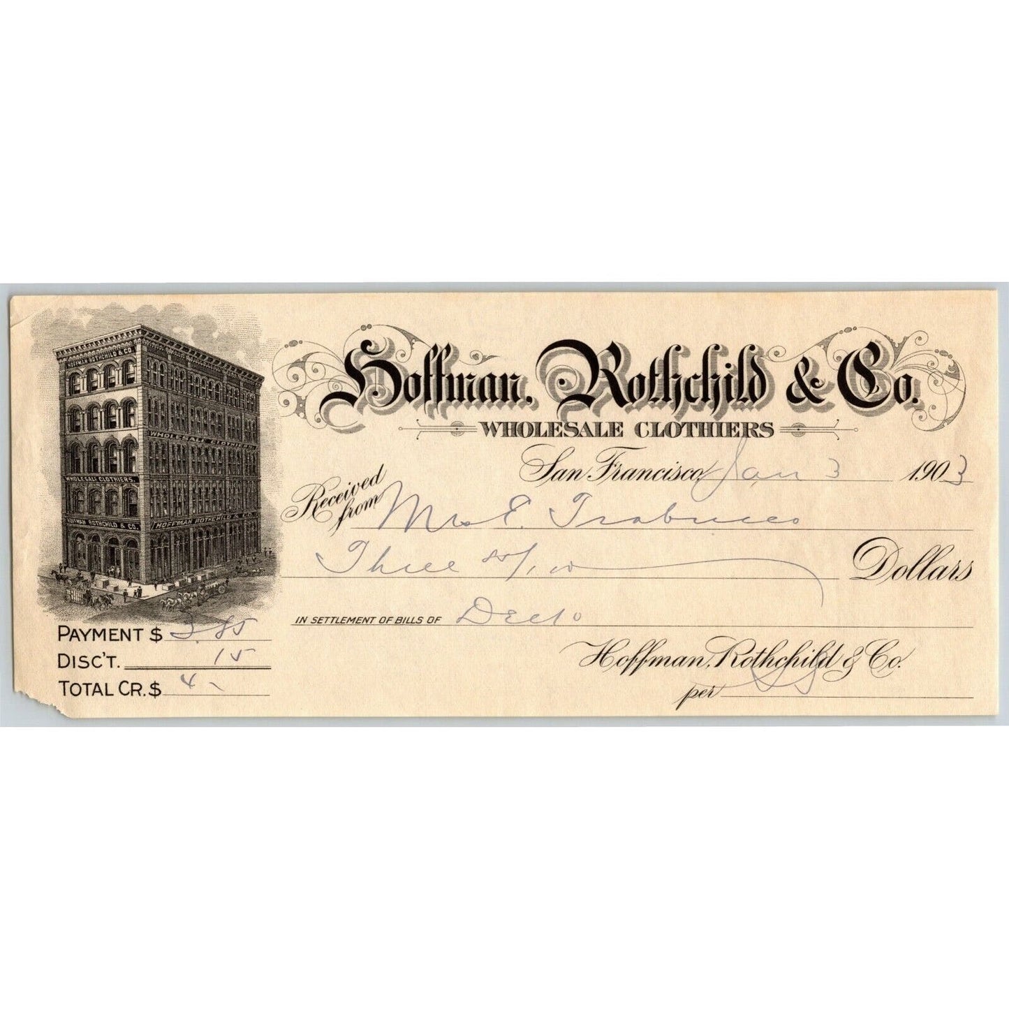 1903 Rcvd Receipt Hoffman, Rothchild Wholesale Clothiers - San Francisco