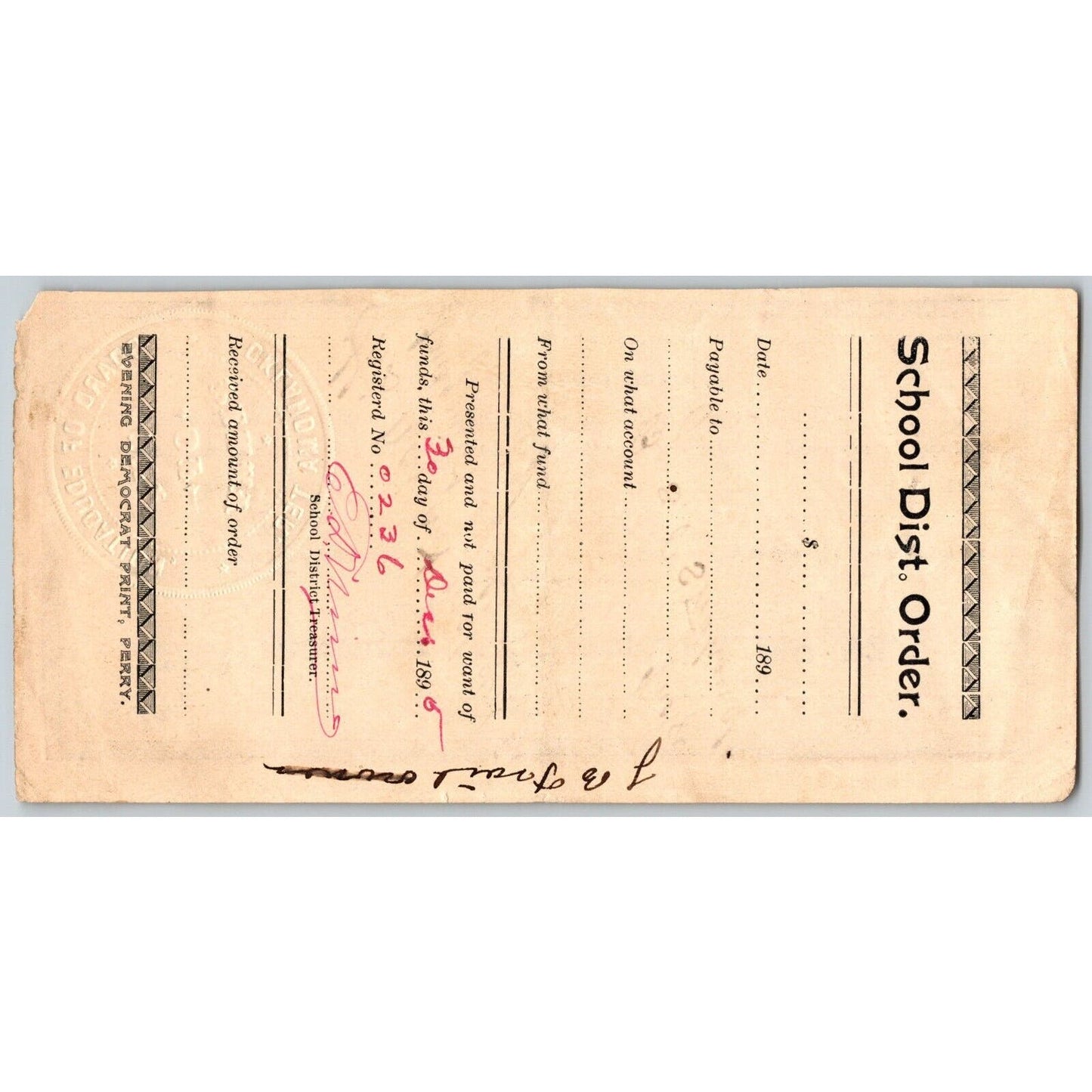 Perry, Oklahoma Territorial 1895 School District No. 52 Payment Order Scarce
